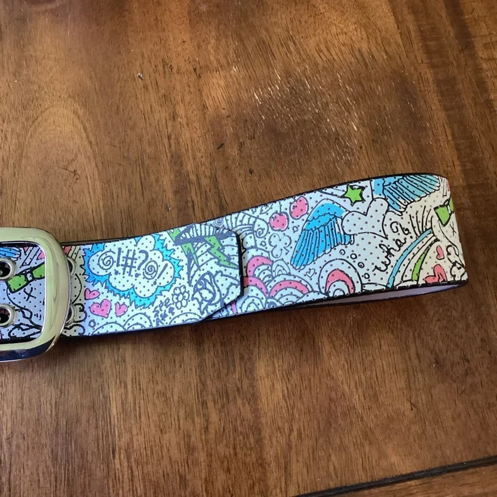 Faux Leather 1-3/4” Doodle Print Belt, Medium Skull Angel Wings Stars Pop‎ Art